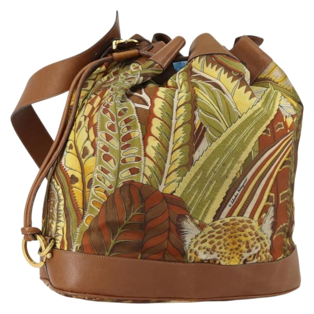 Salvatore Ferragamo Shoulder Bag Nylon Multicolor Botanical Pattern Gold-Tone Accents: Salvatore Ferragamo Shoulder Bag Nylon Multicolor Botanical Pattern Gold-Tone Accents This Salvatore Ferragamo shoulder bag features a botanical pattern in multicolor nylon with gold accents. Made in