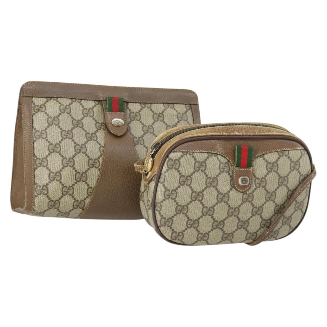 Set of 2 Gucci GG Supreme Beige PVC Leather Clutch Bags: Set of 2 Gucci GG Supreme Beige PVC Leather Clutch Bags This is a set of two authentic Gucci GG Supreme clutch bags crafted from beige PVC leather and GG canvas. Made in Italy, these bags show signifi