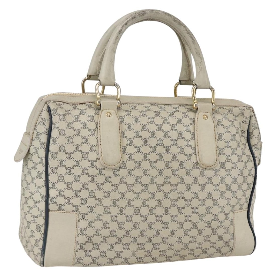 Celine Macadam Canvas and Leather White Gold Handbag from Italy: Celine Macadam Canvas and Leather White Gold Handbag from Italy This CELINE Macadam Canvas handbag features a combination of leather and canvas in white and gold tones. Made in Italy, it is designed w
