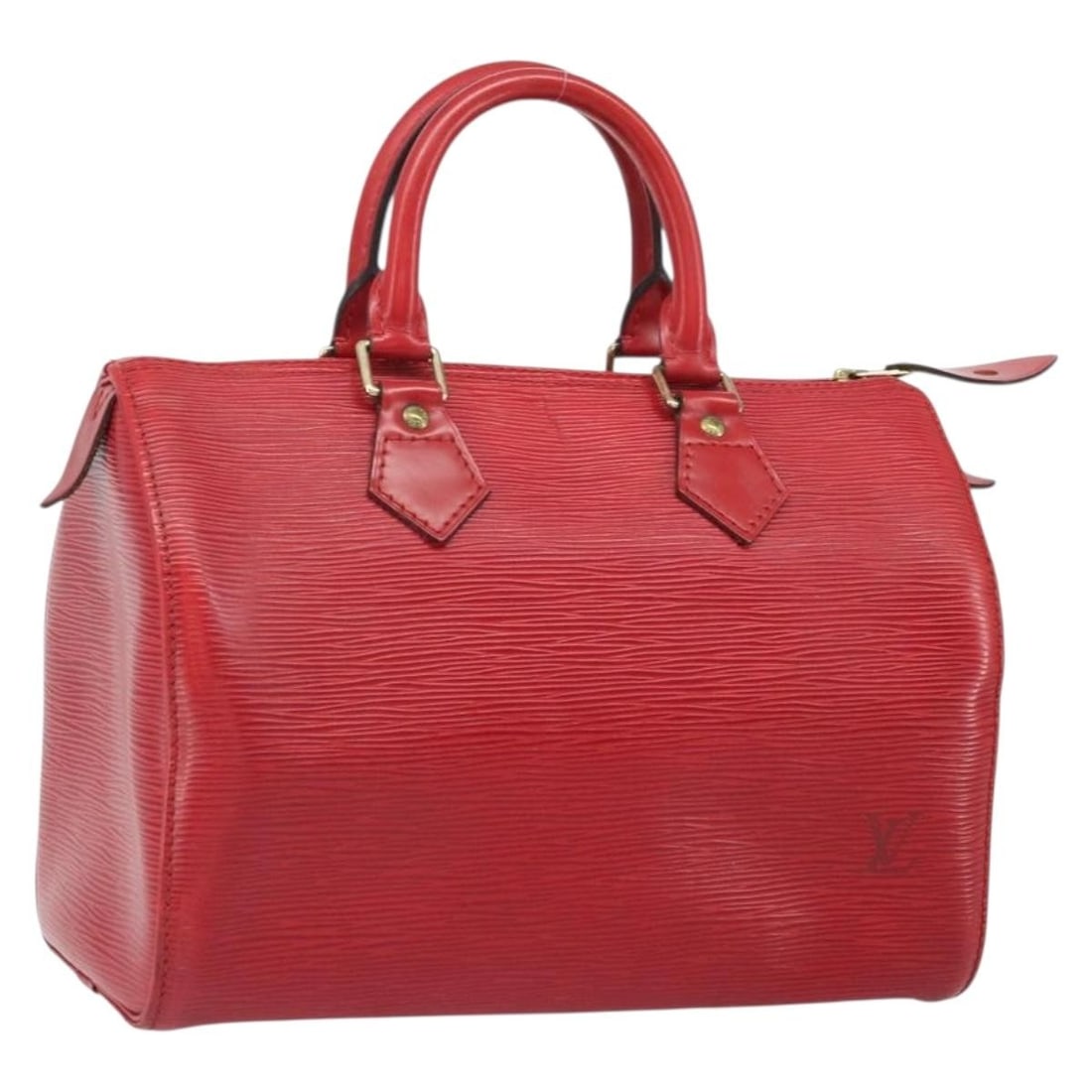 Louis Vuitton Speedy 25 Epi Leather Handbag Castilian Red M43017 France: Louis Vuitton Speedy 25 Epi Leather Handbag Castilian Red M43017 France This Louis Vuitton Epi Speedy 25 handbag in Castilian Red features durable Epi leather with a structured silhouette. The bag is