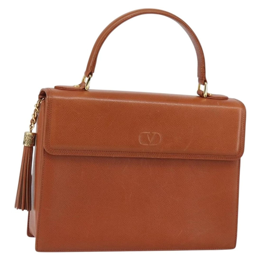 Brown Leather Valentino Handbag with Gold Accents: Brown Leather Valentino Handbag with Gold Accents This Valentino handbag features a brown and gold leather exterior and is designed as a stylish hand-held accessory. The bag has a structured silhouett