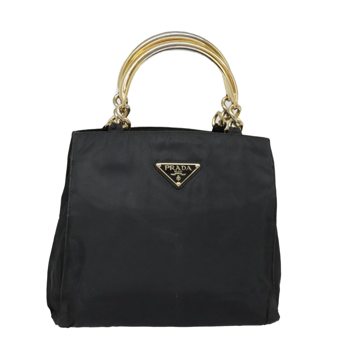PRADA Black Gold Nylon Hand Bag Authentic Made in Italy: PRADA Black Gold Nylon Hand Bag Authentic Made in Italy This authentic PRADA hand bag combines a sleek black nylon exterior with elegant gold accents, making it a stylish accessory for any occasion. M