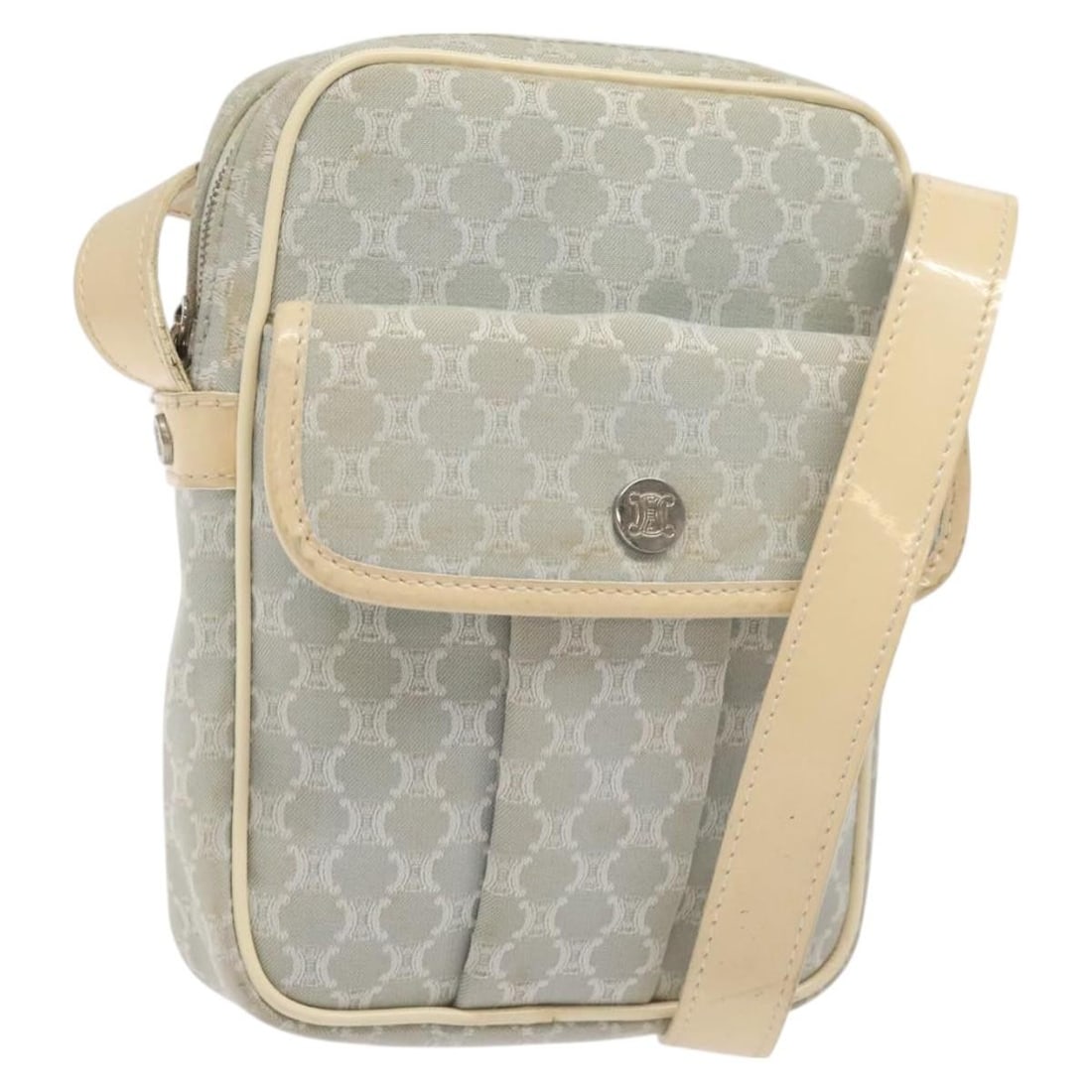 CELINE Light Blue Silver Macadam Canvas Shoulder Bag Auth 123219: CELINE Light Blue Silver Macadam Canvas Shoulder Bag Auth 123219 This authentic CELINE Macadam Canvas Shoulder Bag in a charming light blue and silver color scheme is crafted in Italy. It features a s