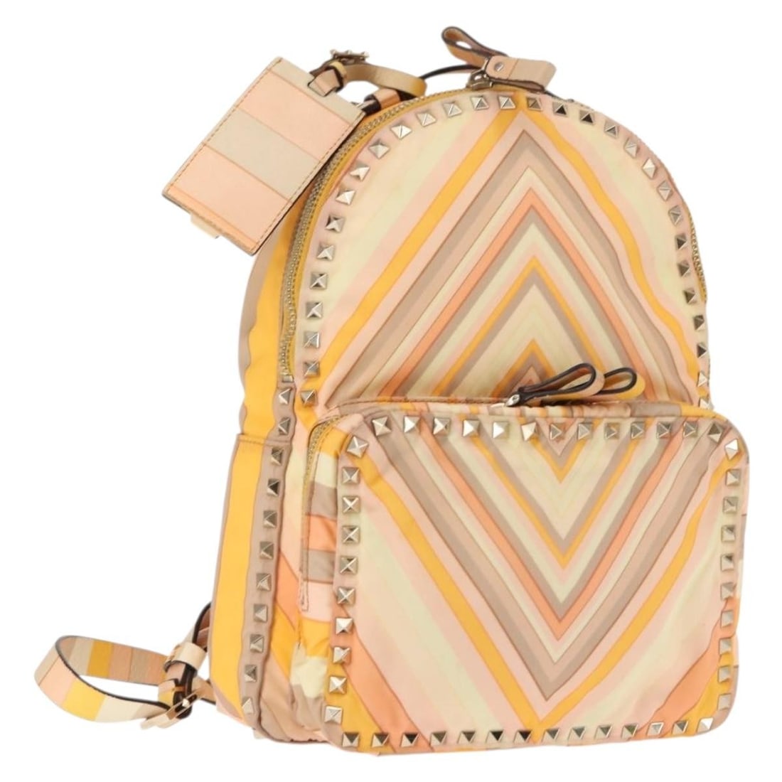 VALENTINO Auth Beige Orange Nylon Studs Backpack BA6887 Italy: VALENTINO Auth Beige Orange Nylon Studs Backpack BA6887 Italy This VALENTINO Backpack combines stylish design with practical functionality. Crafted from durable nylon, it features a striking beige and