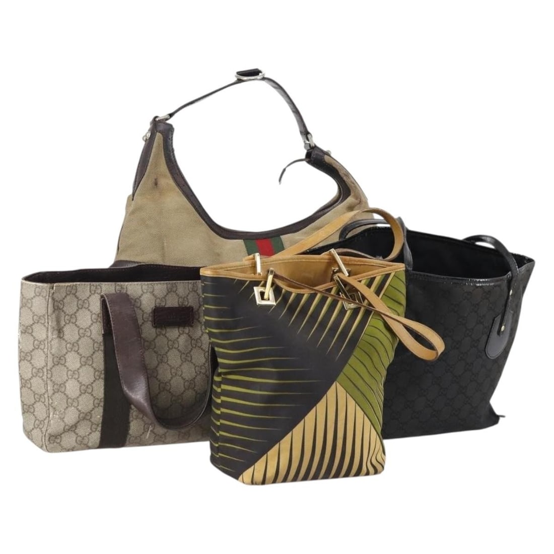 GUCCI Hand Bag Canvas Nylon 4 Piece Set Beige Black Green Authentic: GUCCI Hand Bag Canvas Nylon 4 Piece Set Beige Black Green Authentic This GUCCI Hand Bag is a stylish accessory crafted from durable canvas, featuring a unique color combination of beige, black, and gr