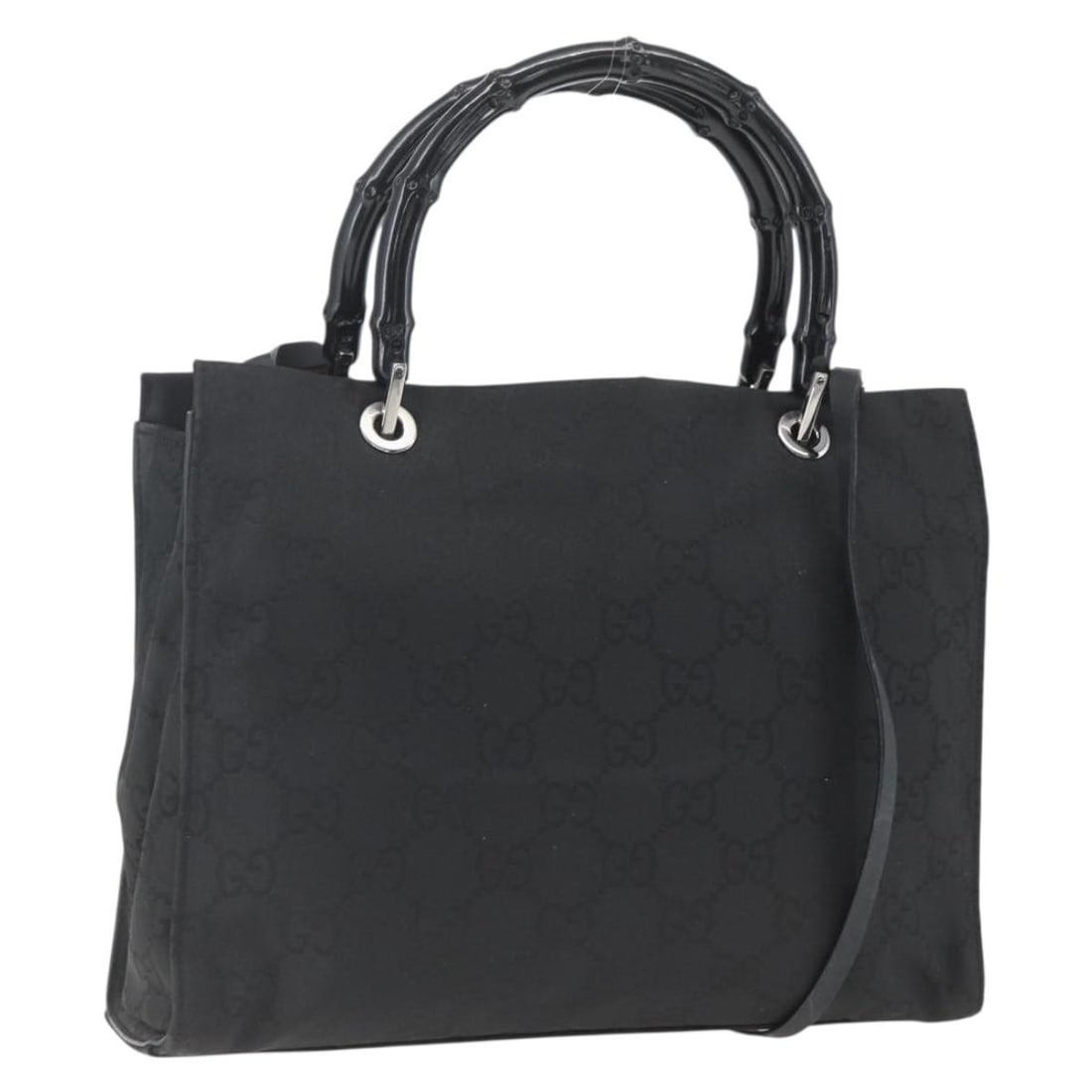 Black GG Canvas Bamboo Shoulder Handbag with Strap by Gucci 002 1016: Black GG Canvas Bamboo Shoulder Handbag with Strap by Gucci 002 1016 This Gucci GG Canvas Bamboo Hand Bag features a classic black GG canvas exterior and bamboo accents. Designed with both hand and sh