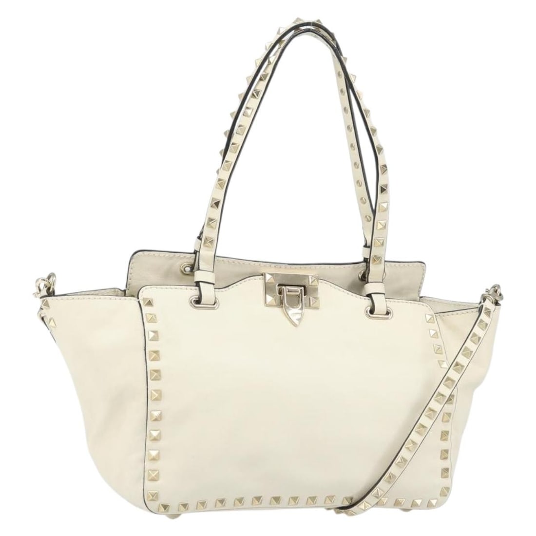 Valentino White Leather 2way Handbag with Gold Accents and Shoulder Strap: Valentino White Leather 2way Handbag with Gold Accents and Shoulder Strap This Valentino handbag features a two-way design in white and gold leather. It includes both a top handle and a removable shou