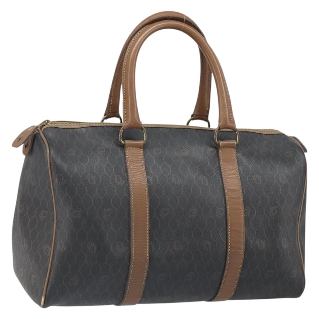 Christian Dior Black Boston Bag in Honeycomb PVC Canvas Gold Accents: Christian Dior Black Boston Bag in Honeycomb PVC Canvas Gold Accents This Christian Dior Boston bag features a classic honeycomb canvas design with black and gold PVC leather accents. Made in France,