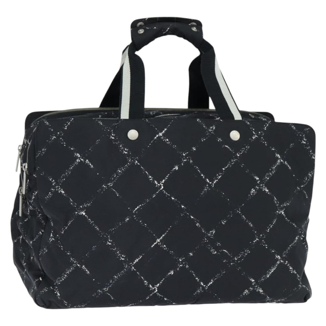 CHANEL Travel Line Black Nylon Boston Bag Silver CC Auth: CHANEL Travel Line Black Nylon Boston Bag Silver CC Auth This CHANEL Travel Line Boston Bag is a stylish and practical choice for your travels. Crafted from durable nylon, this bag features a chic bla