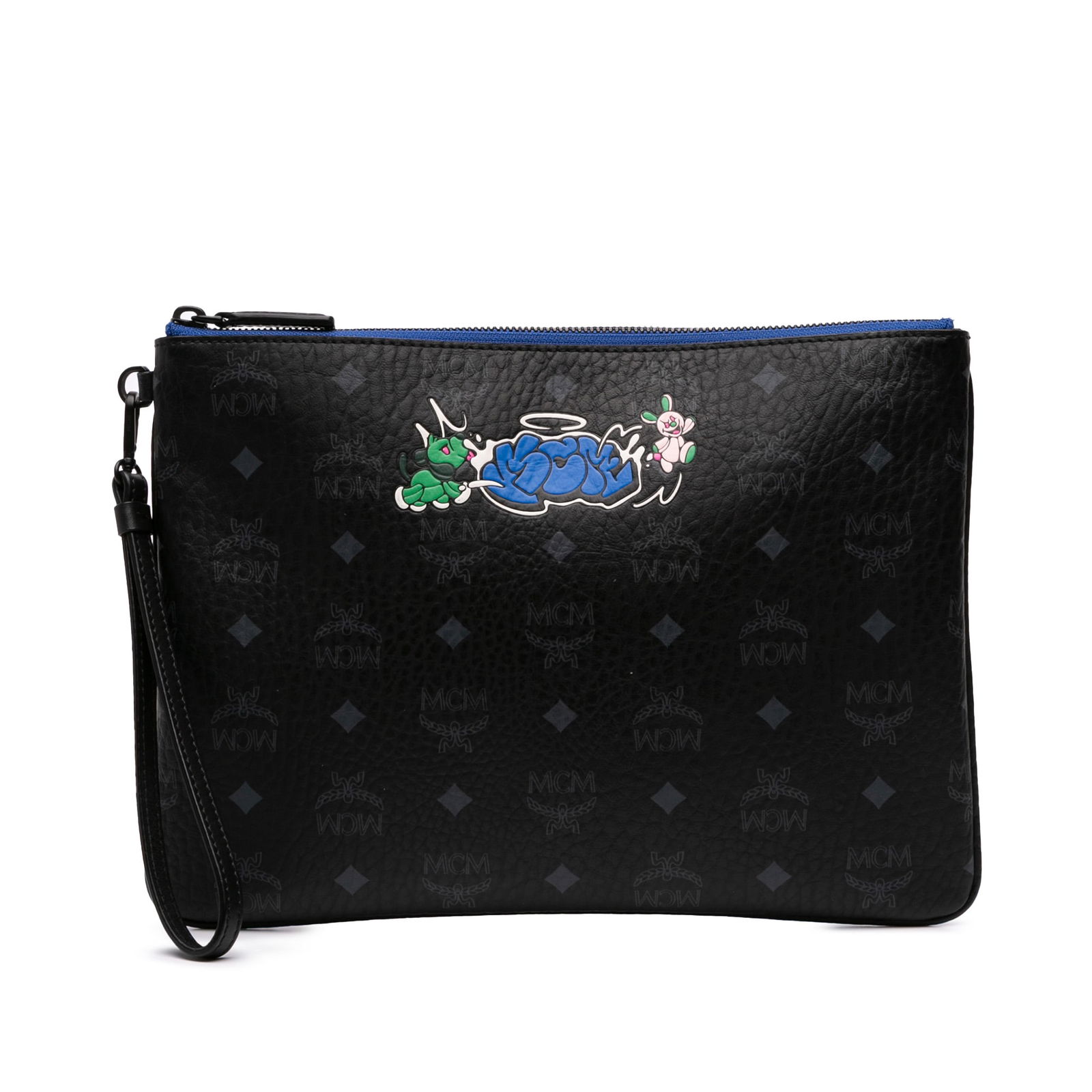 MCM Sambypen Haru Henry Kaiser Black Coated Canvas Clutch: MCM Sambypen Haru Henry Kaiser Black Coated Canvas Clutch This MCM Sambypen Haru Henry Kaiser Visetos Coated Canvas Clutch showcases a sleek black design crafted from durable coated canvas. It feature