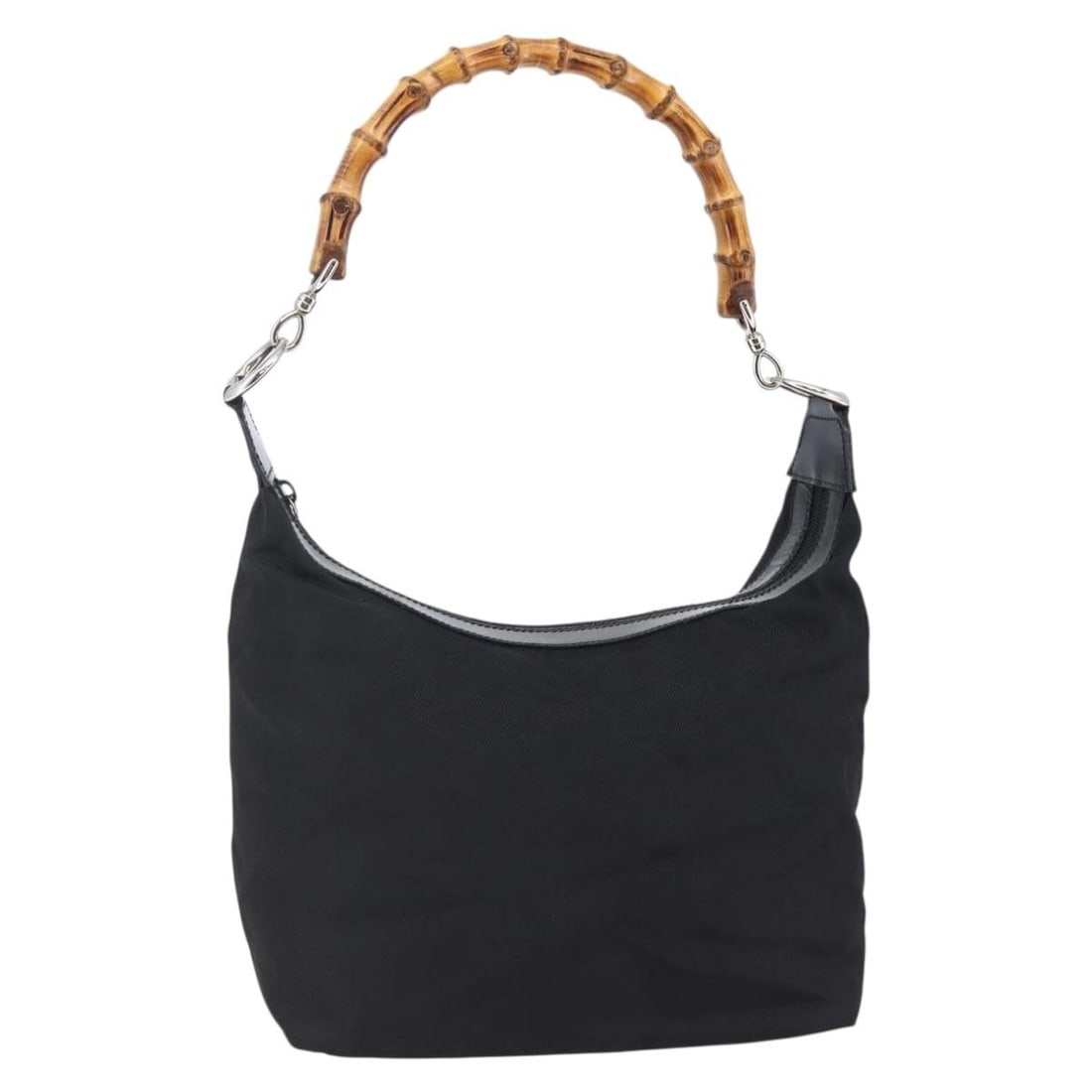 GUCCI Bamboo Hand Bag Nylon Black Silver 000 0531 Authentic Italy: GUCCI Bamboo Hand Bag Nylon Black Silver 000 0531 Authentic Italy This authentic GUCCI Bamboo Hand Bag showcases a stylish black and silver nylon exterior, reflecting a sophisticated design ideal for