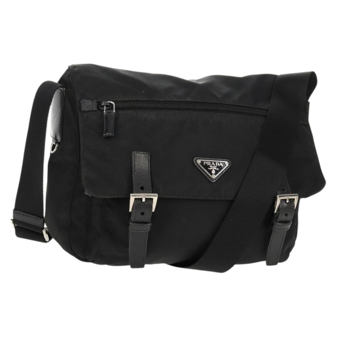 Prada Black Nylon Shoulder Bag with Silver Accents Made in Italy: Prada Black Nylon Shoulder Bag with Silver Accents Made in Italy This PRADA shoulder bag features a black nylon exterior with silver tone details. Designed for everyday use, the bag offers a spacious