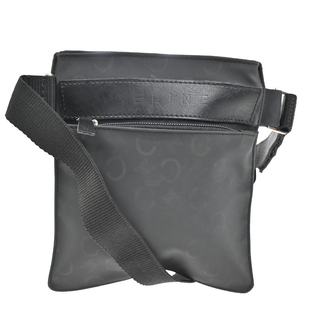Celine Macadam Black Nylon Waist Bag Unisex 17.5x18.5x1cm: Celine Macadam Black Nylon Waist Bag Unisex 17.5x18.5x1cm This unisex Celine Macadam waist bag is crafted from black nylon with leather accents. It features a compact design with dimensions of 17.5cm