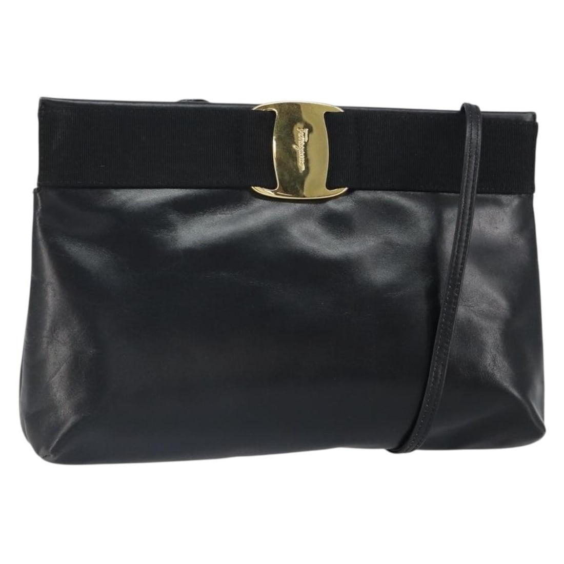 Salvatore Ferragamo Black Leather Shoulder Purse with Gold Accents Italy (1 of 18)