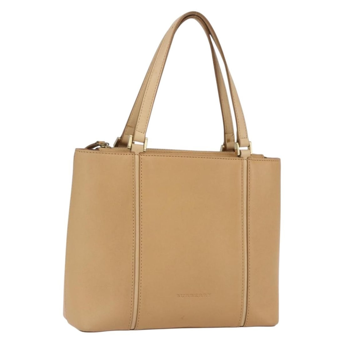 Burberry Beige and Gold Leather Handbag with 6.3 Inch Handle Drop: Burberry Beige and Gold Leather Handbag with 6.3 Inch Handle Drop This Burberry hand bag features a beige and gold exterior crafted from leather. The bag shows signs of heavy use, including rubbing, s