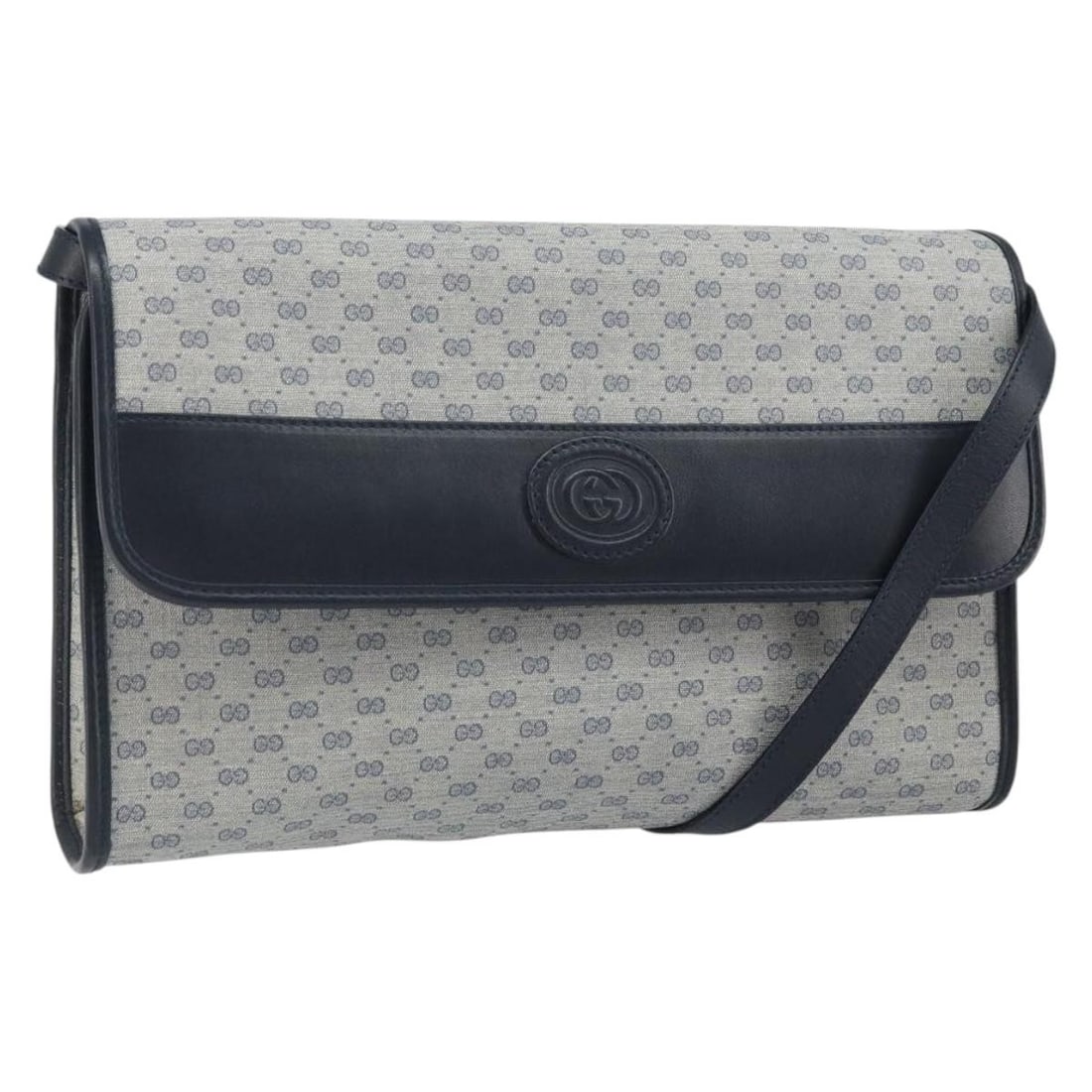 Gucci Micro GG Supreme Navy PVC Shoulder Bag 004 58 0264 Italy: Gucci Micro GG Supreme Navy PVC Shoulder Bag 004 58 0264 Italy This GUCCI Micro GG Supreme shoulder bag features a navy and gold color scheme with PVC leather and micro small GG canvas exterior. It is