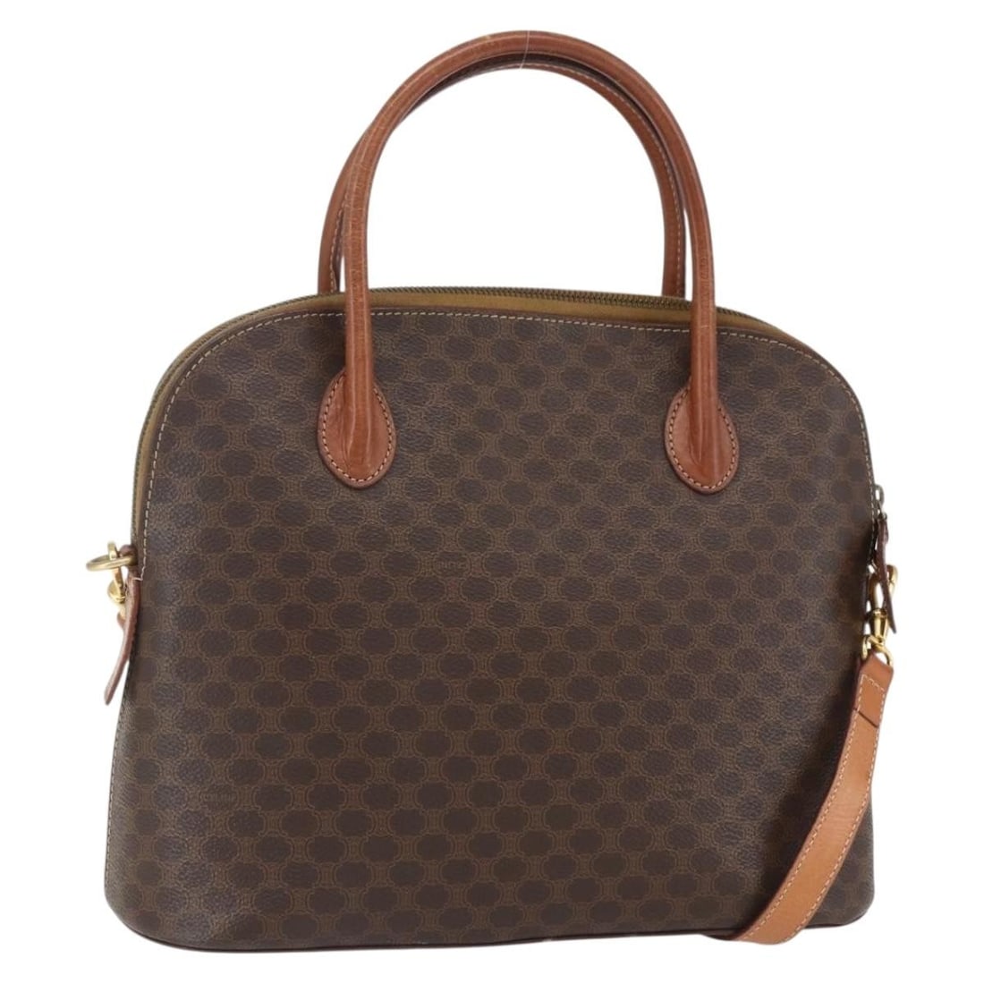 Celine Macadam Brown PVC Leather Handbag Gold Tone Hardware Italy: Celine Macadam Brown PVC Leather Handbag Gold Tone Hardware Italy This Celine Macadam handbag features a brown and gold design crafted from PVC leather and Macadam canvas. It is made in Italy and show