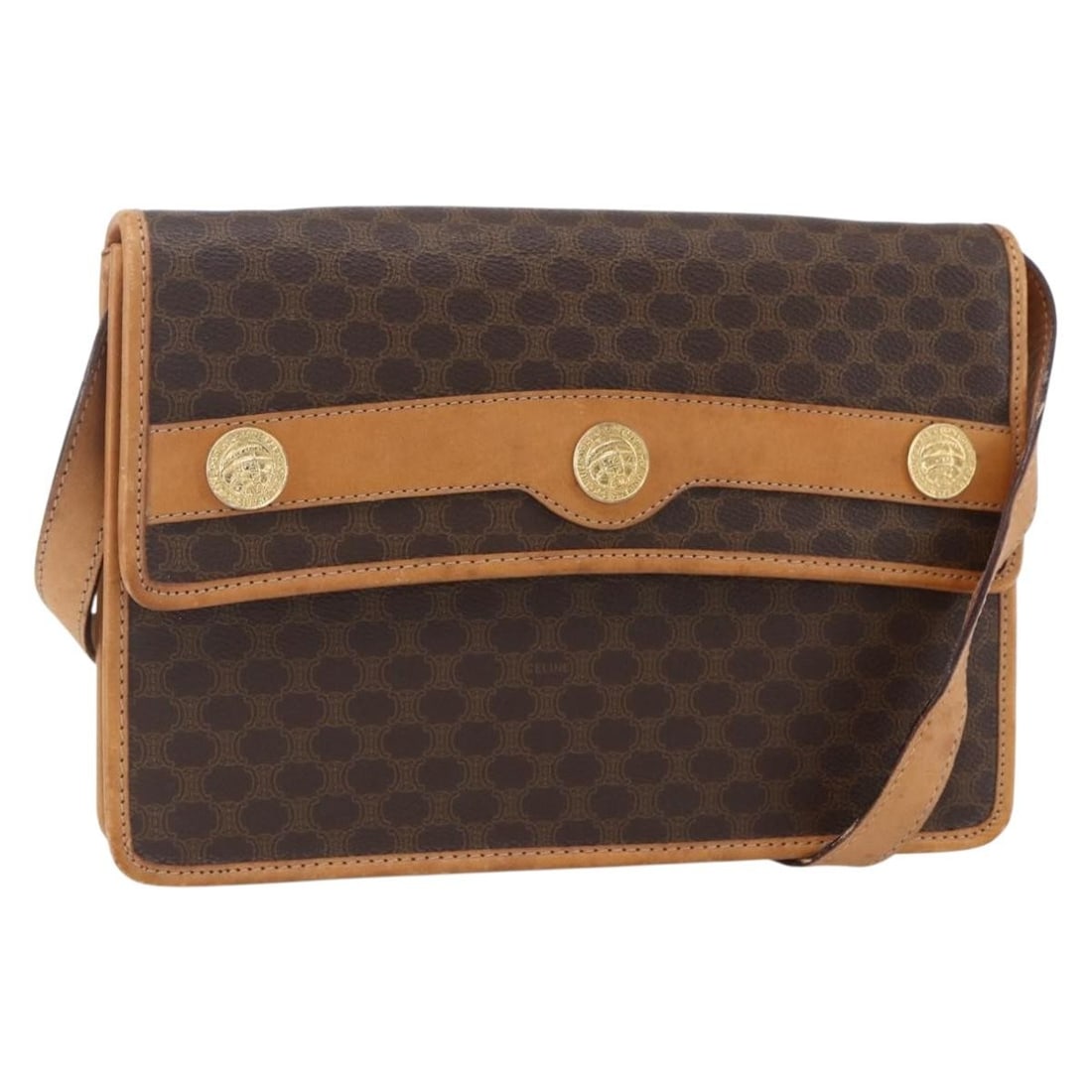 CELINE Macadam Canvas Shoulder Bag Brown Gold PVC Leather Italy: CELINE Macadam Canvas Shoulder Bag Brown Gold PVC Leather Italy This authentic CELINE Macadam Canvas Shoulder Bag is crafted from durable PVC leather in a rich brown and gold color combination. Measur