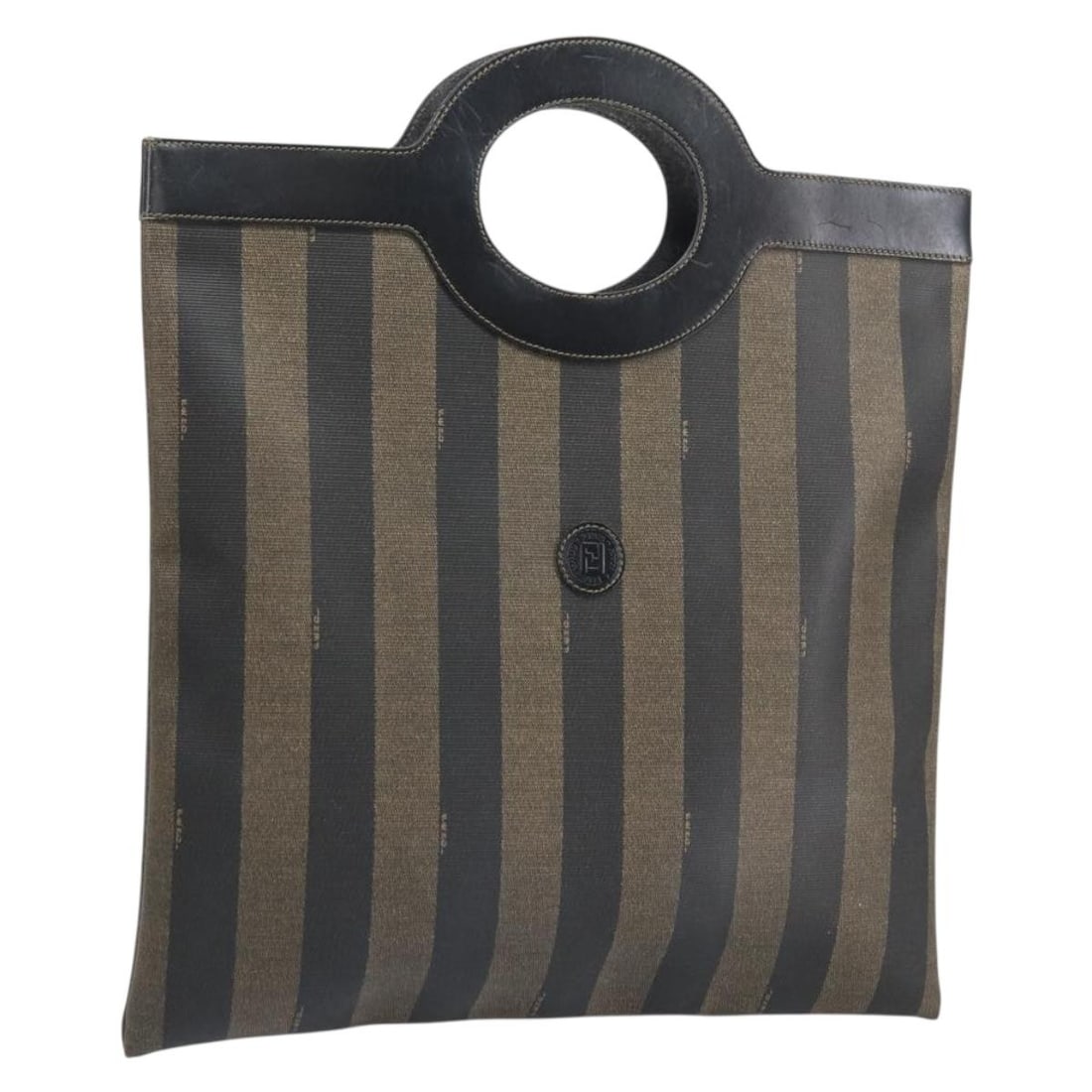 Pequin Canvas Black Brown Handbag by Fendi Italy: Pequin Canvas Black Brown Handbag by Fendi Italy This FENDI hand bag features the signature Pequin canvas in black and brown. Made in Italy, the bag showcases a spacious square silhouette with dual to