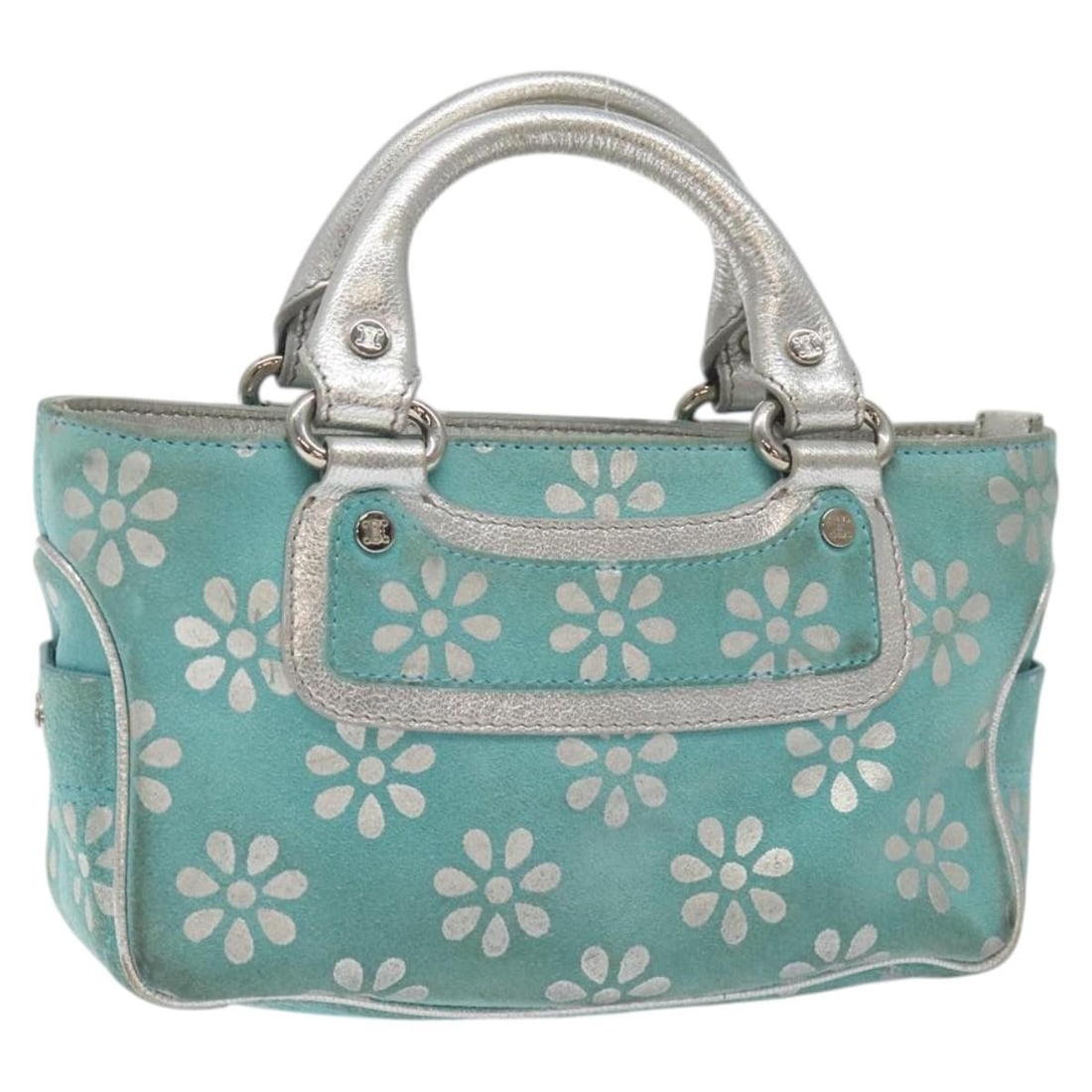 CELINE Suede Hand Bag Light Blue Silver Auth CE00/33: CELINE Suede Hand Bag Light Blue Silver Auth CE00/33 Discover the elegance of this authentic CELINE Hand Bag, crafted in Italy from soft suede in a stylish light blue and silver color combination. Thi
