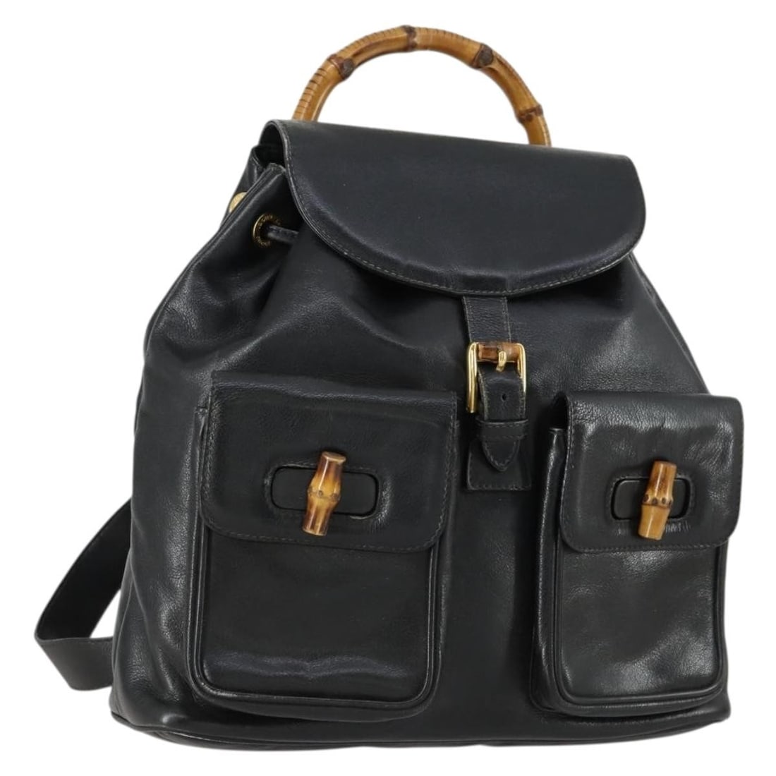 Black Leather Gucci Bamboo Backpack Model 003 1998 0016 Gold Accents: Black Leather Gucci Bamboo Backpack Model 003 1998 0016 Gold Accents This Gucci Bamboo Backpack features black leather with gold-tone accents and is crafted in Italy. The bag includes bamboo details a