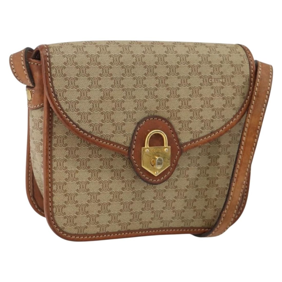 CELINE Macadam Canvas Shoulder Bag PVC Beige Gold Made in Italy: CELINE Macadam Canvas Shoulder Bag PVC Beige Gold Made in Italy This CELINE Macadam Canvas Shoulder Bag is an elegant accessory crafted from durable PVC leather in a sophisticated beige and gold color