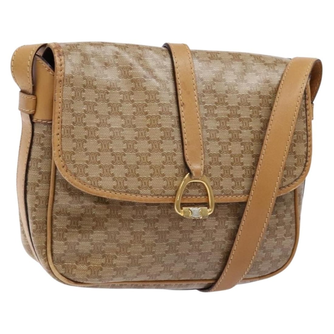 CELINE Macadam PVC Leather Shoulder Bag Beige Gold Made in Italy: CELINE Macadam PVC Leather Shoulder Bag Beige Gold Made in Italy This authentic CELINE Macadam Canvas Shoulder Bag showcases a stylish and functional design in a chic beige and gold color combination.