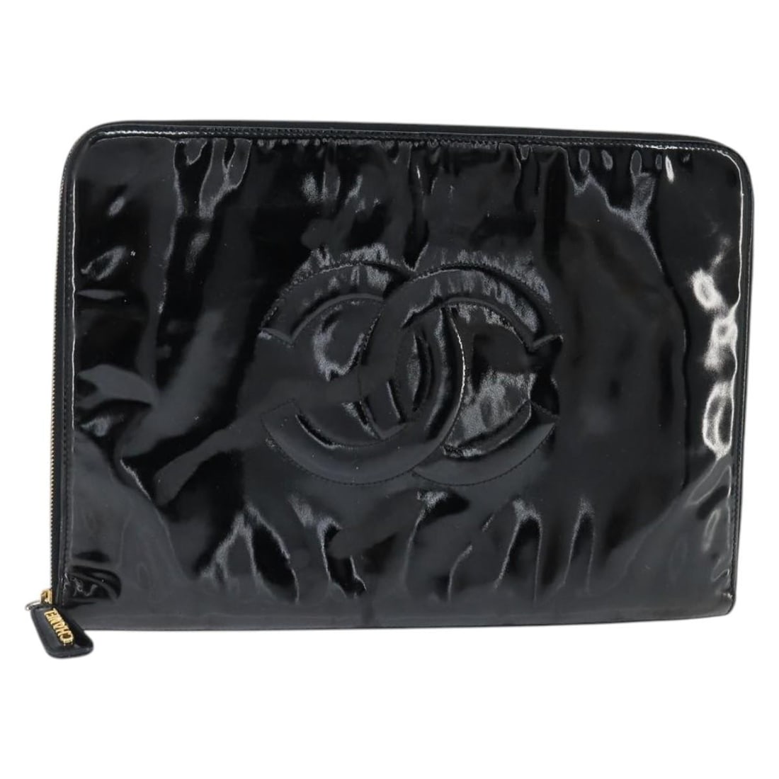 CHANEL Black Gold Patent Leather Briefcase Authenticated Italy: CHANEL Black Gold Patent Leather Briefcase Authenticated Italy Discover the elegance of this CHANEL briefcase, crafted in Italy from luxurious black patent leather with striking gold accents. This sty
