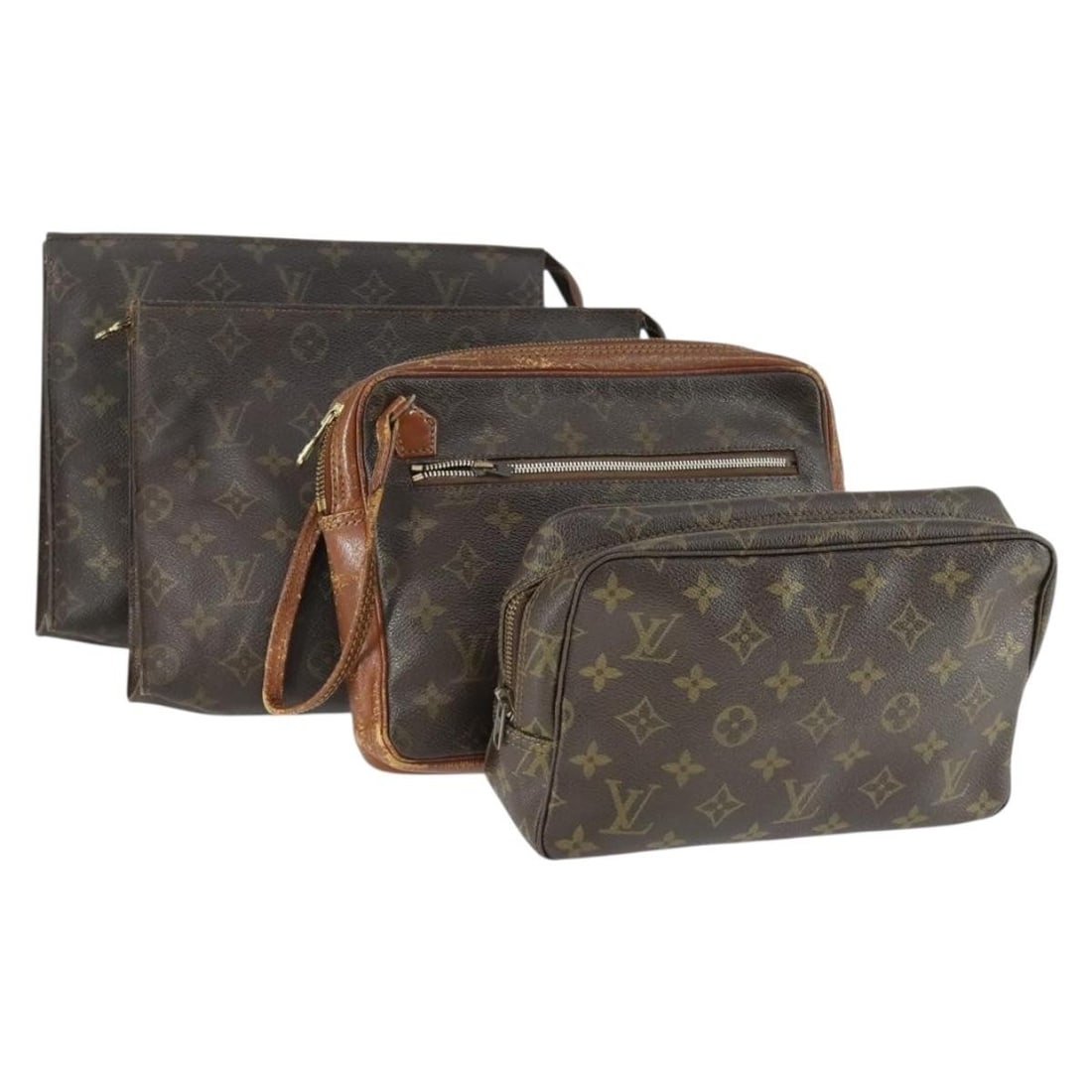 Set of 4 Louis Vuitton Monogram Canvas Clutch Bags from France: Set of 4 Louis Vuitton Monogram Canvas Clutch Bags from France This is a set of four authentic Louis Vuitton clutch bags in the classic Monogram canvas. Made in France, these clutches feature the sign