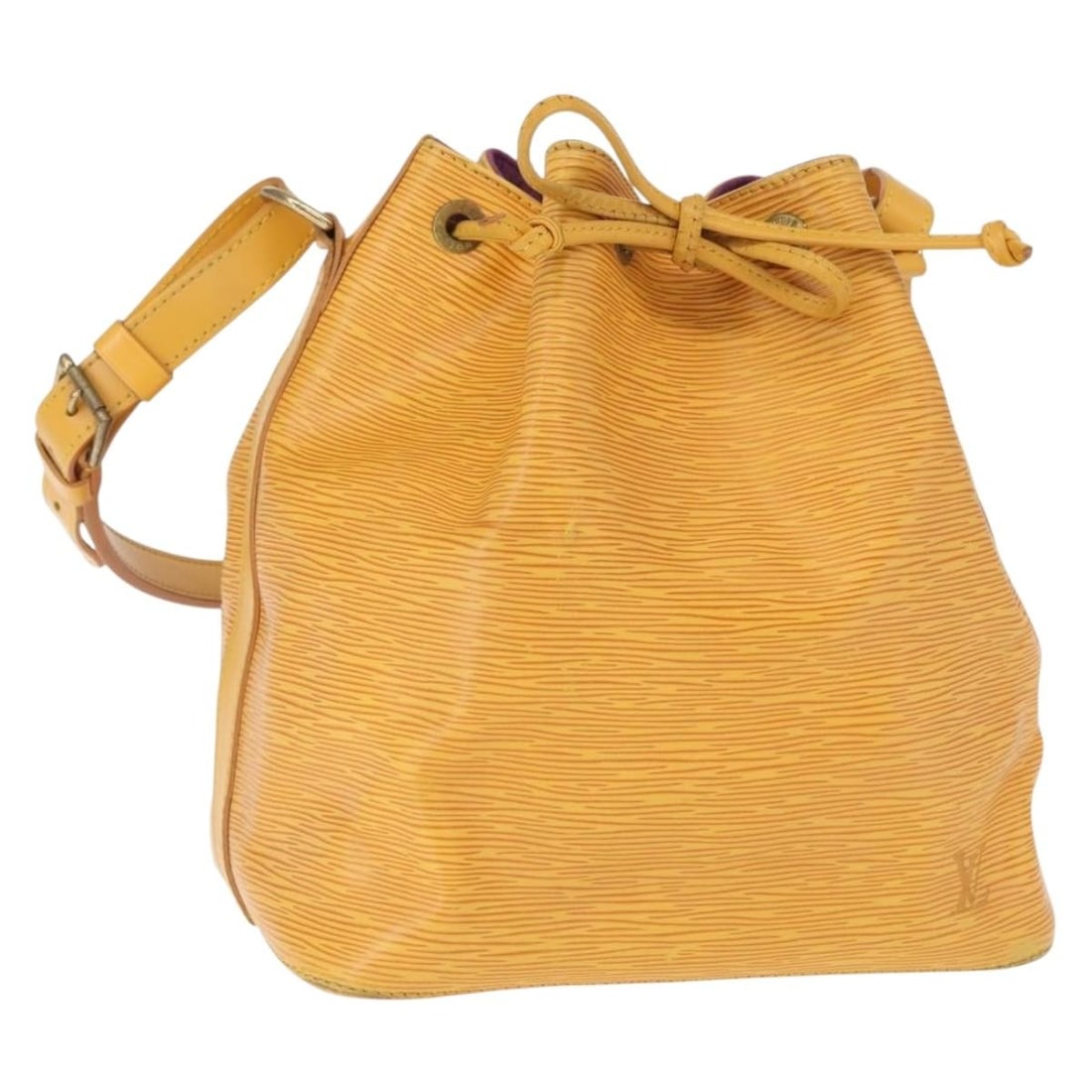 Yellow Epi Leather Petit Noe Shoulder Bag by Louis Vuitton M44109: Yellow Epi Leather Petit Noe Shoulder Bag by Louis Vuitton M44109 This is a Louis Vuitton Petit Noe shoulder bag crafted from yellow Epi leather. The bag features an adjustable shoulder strap and a dr