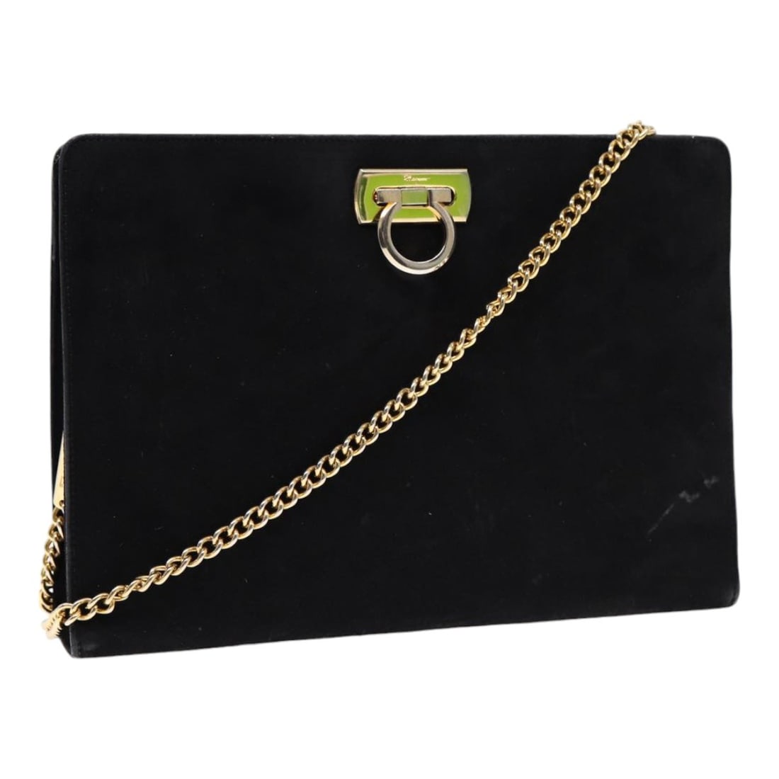 Salvatore Ferragamo Gancini Chain Shoulder Bag Black Gold Suede Auth Italy: Salvatore Ferragamo Gancini Chain Shoulder Bag Black Gold Suede Auth Italy This exquisite Salvatore Ferragamo Gancini Chain Shoulder Bag is crafted from luxurious black suede, beautifully complemented