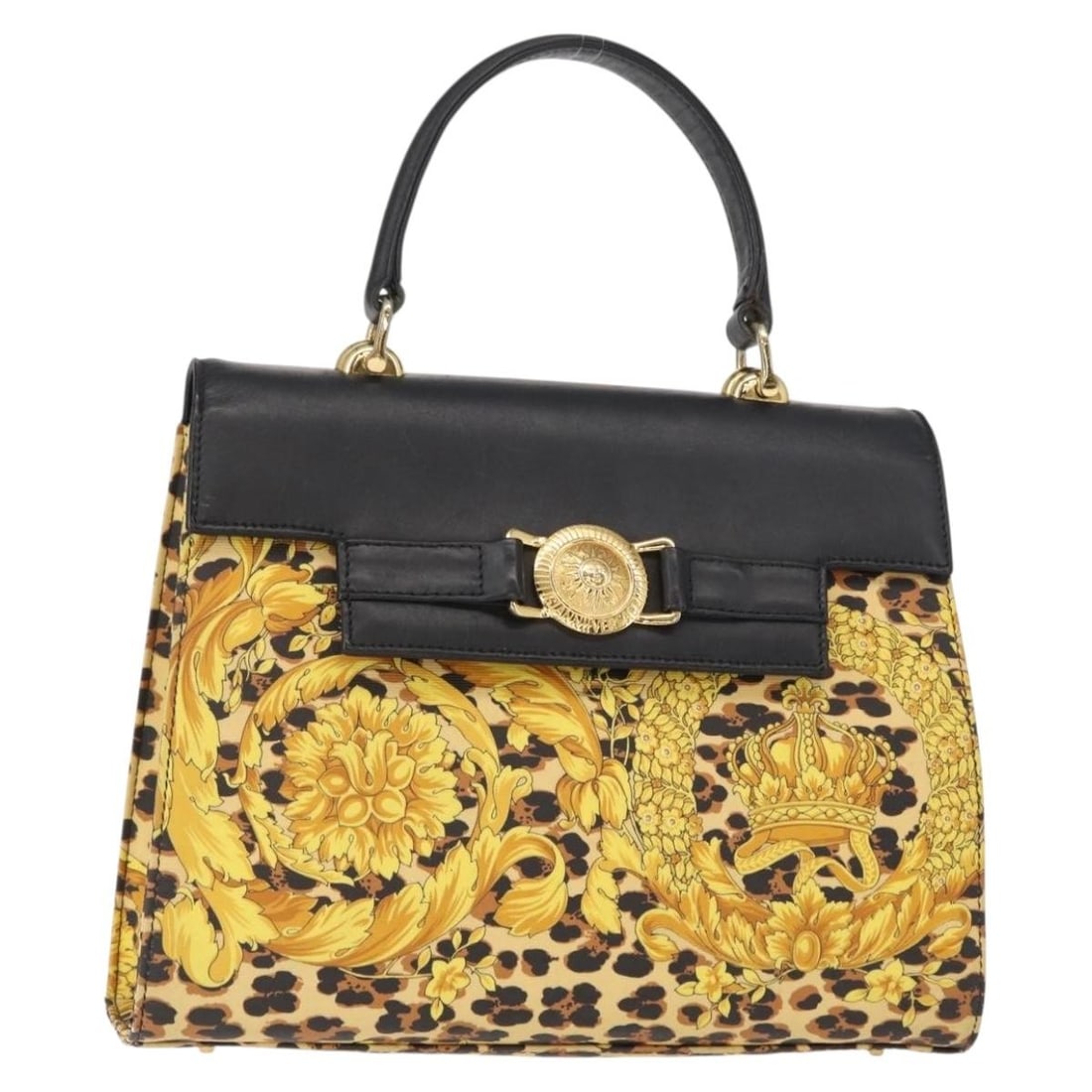 Gianni Versace Yellow Gold PVC Leather Hand Bag Auth AM9830: Gianni Versace Yellow Gold PVC Leather Hand Bag Auth AM9830 This Gianni Versace hand bag is crafted from durable PVC leather in a striking yellow and gold color combination. Measuring approximately 11