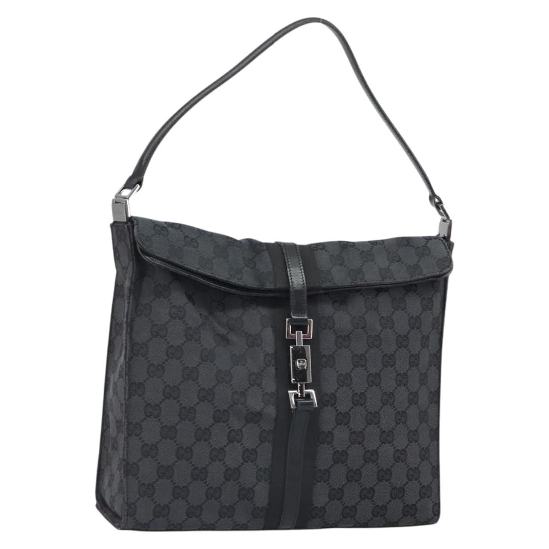 Black GG Canvas Jackie Shoulder Bag by Gucci with Silver Accents 001 3355 2123: Black GG Canvas Jackie Shoulder Bag by Gucci with Silver Accents 001 3355 2123 This is a Gucci Jackie shoulder bag crafted from GG canvas in black and silver tones. The bag features a shoulder strap w