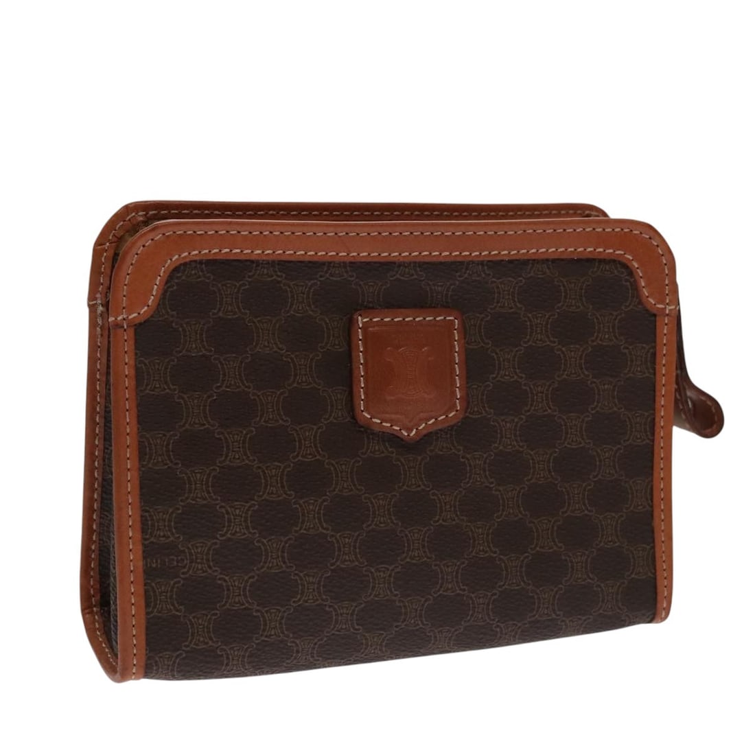 CELINE Brown Macadam Canvas Pouch PVC Leather Made in Italy: CELINE Brown Macadam Canvas Pouch PVC Leather Made in Italy This authentic CELINE Macadam Canvas Pouch is crafted from durable PVC leather in a rich brown color. Designed for practicality, it features