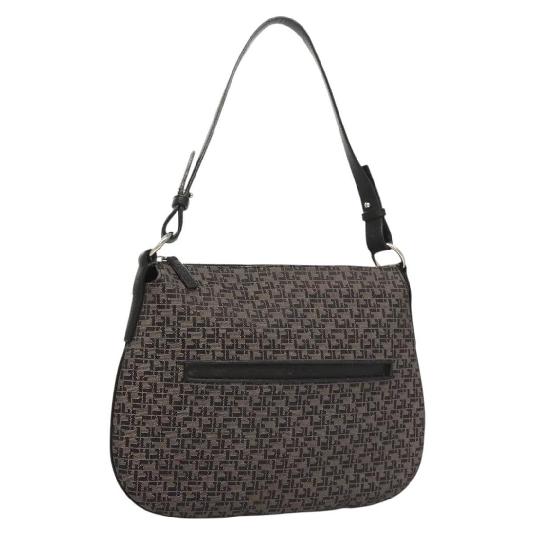 LOEWE Navy Silver Canvas Shoulder Bag Made in Spain: LOEWE Navy Silver Canvas Shoulder Bag Made in Spain This LOEWE shoulder bag is crafted from durable canvas in a stylish navy and silver color scheme. With a height of approximately 9.8 inches and a le