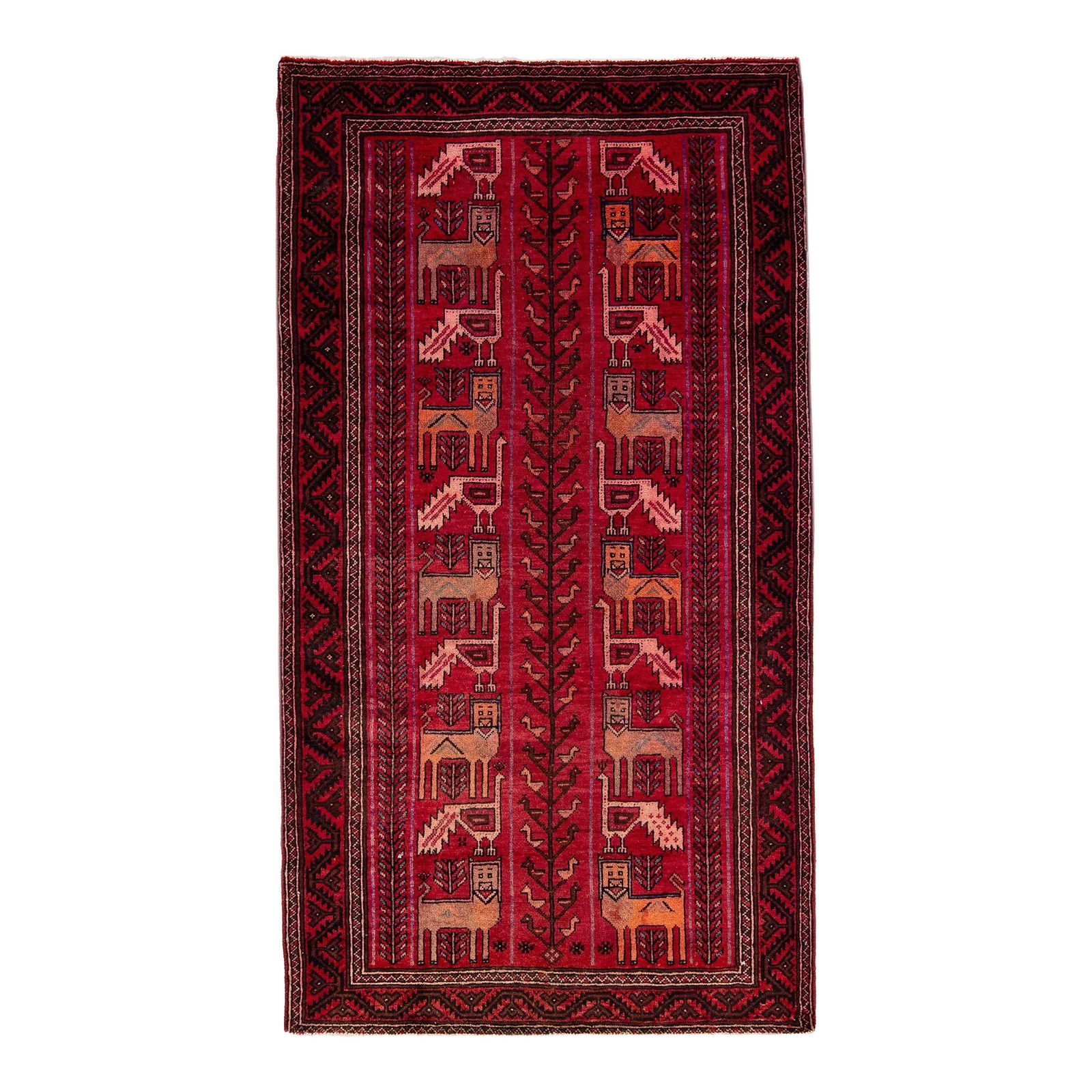 1960s Vintage Persian Shiraz Red Wool Pictorial Rug 4' x 7'4": 1960s Vintage Persian Shiraz Red Wool Pictorial Rug 4' x 7'4" This stunning vintage Persian Shiraz rug features a vibrant red field adorned with a multicolor geometric pictorial design. Hand-knotted f