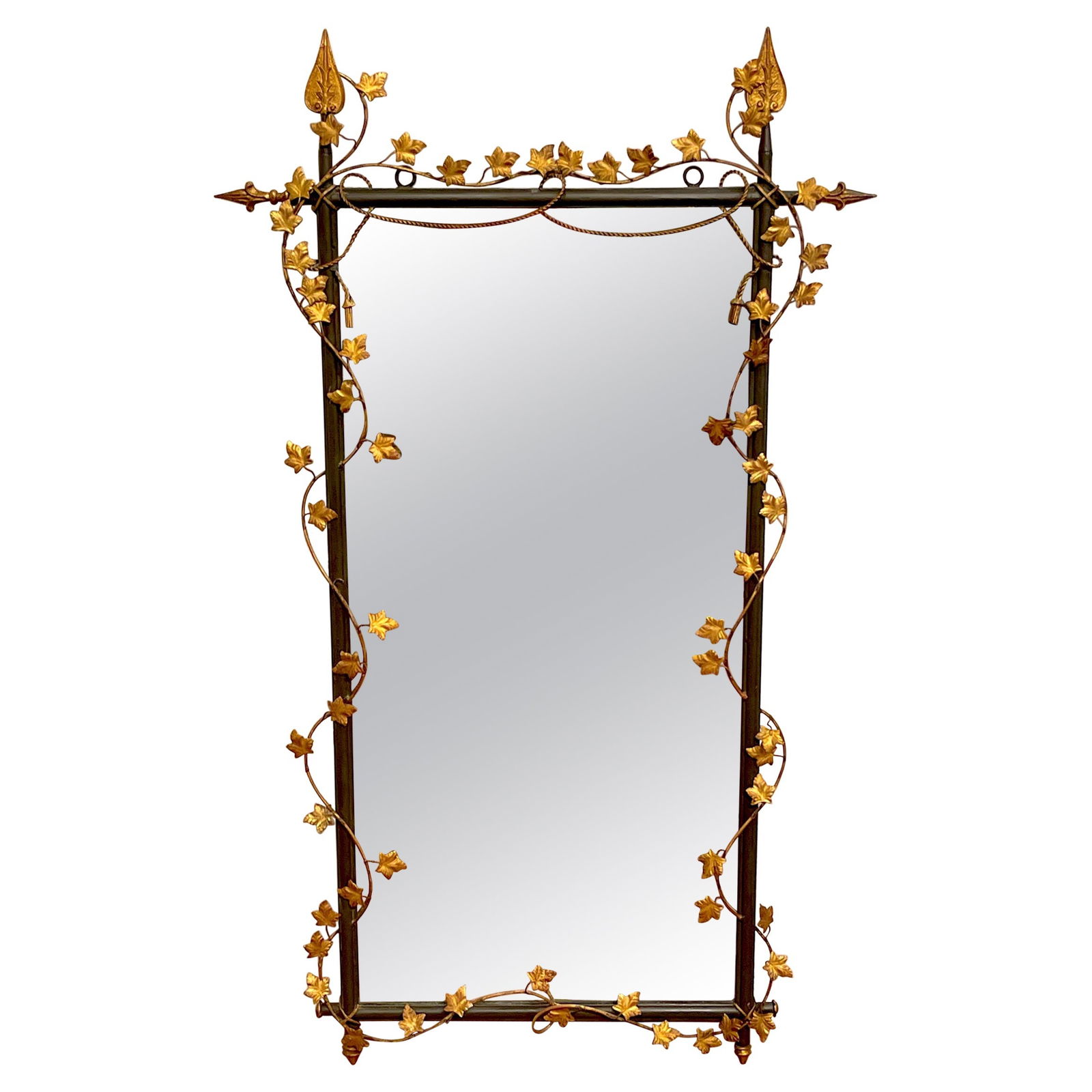 1960s Italian Gilt Polychromed Neoclassical Tole Mirror Trellis Vine Motif: 1960s Italian Gilt Polychromed Neoclassical Tole Mirror Trellis Vine Motif This exquisite Italian Neoclassical mirror features a stunning gilt and polychromed design with a trellis and vine motif. The