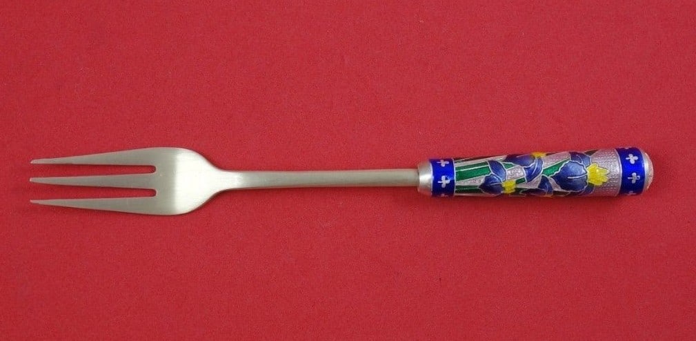 Chinese Sterling Silver Dessert Fork Enamel Irises 5.5 Inch: Chinese Sterling Silver Dessert Fork Enamel Irises 5.5 Inch This exquisite dessert fork is crafted from Chinese sterling silver and features beautiful enamel irises. Measuring 5 1/2 inches long, it sh