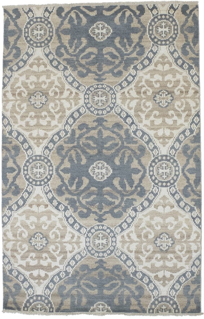 Hand-Knotted Wool Area Rug 5'1 x 7'11 Modern Geometric Floral Pattern: Hand-Knotted Wool Area Rug 5'1 x 7'11 Modern Geometric Floral Pattern This handmade Oriental area rug features a geometric floral design in muted tones of gray, beige, cream, and other subtle colors.