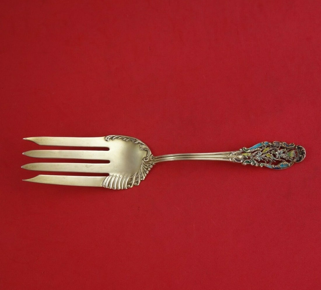 French & Franklin Enameled Sterling Silver Cold Meat Fork 8.5": French & Franklin Enameled Sterling Silver Cold Meat Fork 8.5" This exquisite cold meat fork is crafted from sterling silver with an elegant enameled finish, showcasing the intricate Enameled Sterling