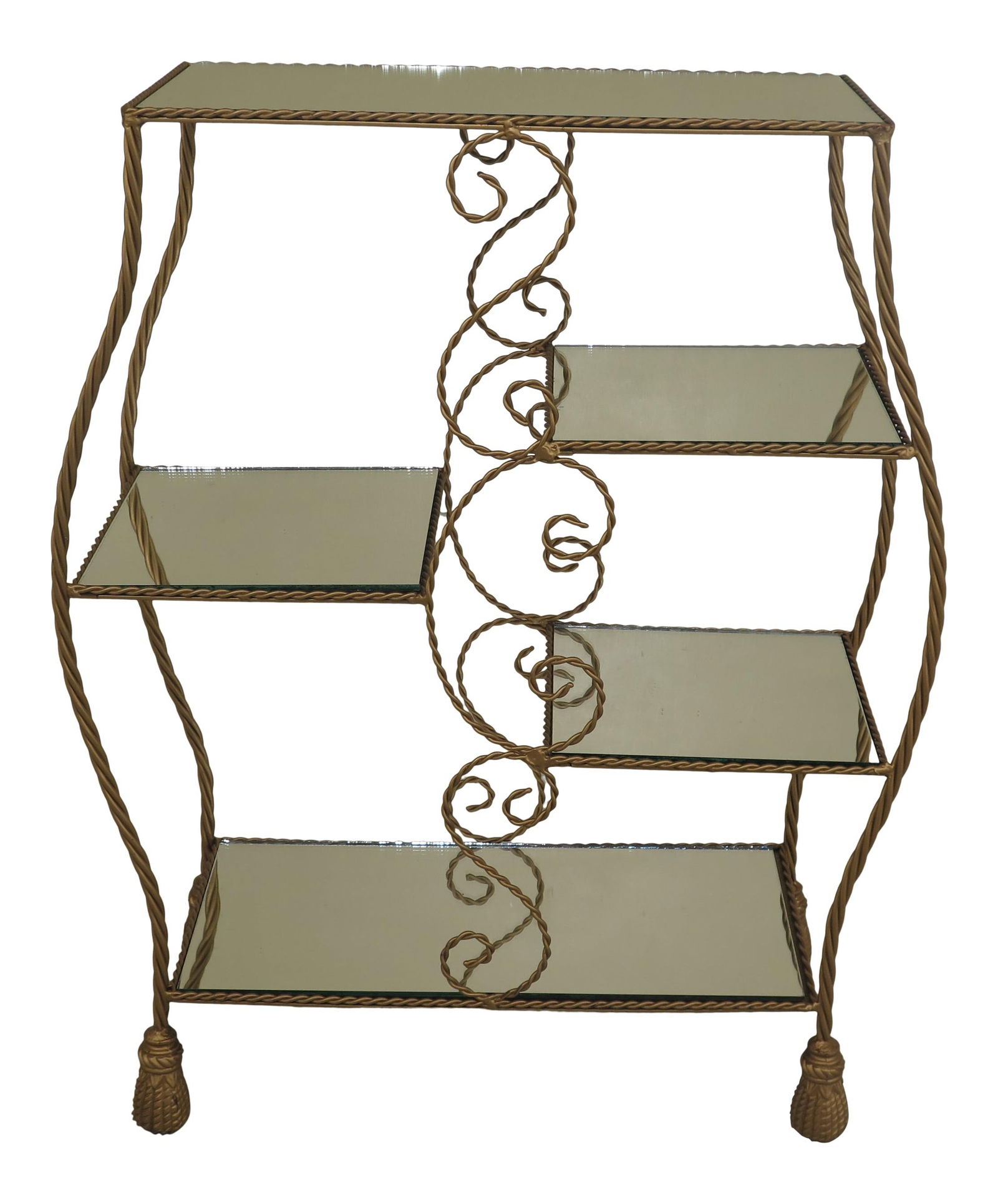 Gold Finish Iron Tassel Design Curio Etagere Shelf: Gold Finish Iron Tassel Design Curio Etagere Shelf Enhance your decor with this exquisite Gold Decorated Iron Tassel Design Etagere Curio Shelf. This piece showcases a high-quality construction with a