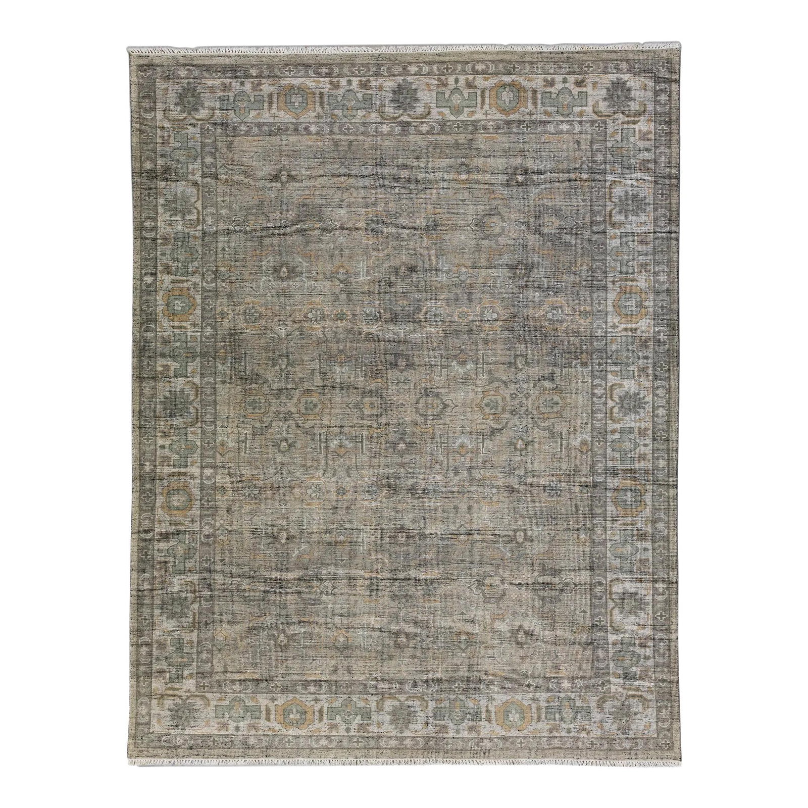 Gray Contemporary Oushak Style Wool Rug 9'2 x 12' Classic Motif: Gray Contemporary Oushak Style Wool Rug 9'2 x 12' Classic Motif Enhance your space with this stunning Gray Indian Modern Oushak Style Wool Rug. Hand-knotted from high-quality wool, this contemporary p