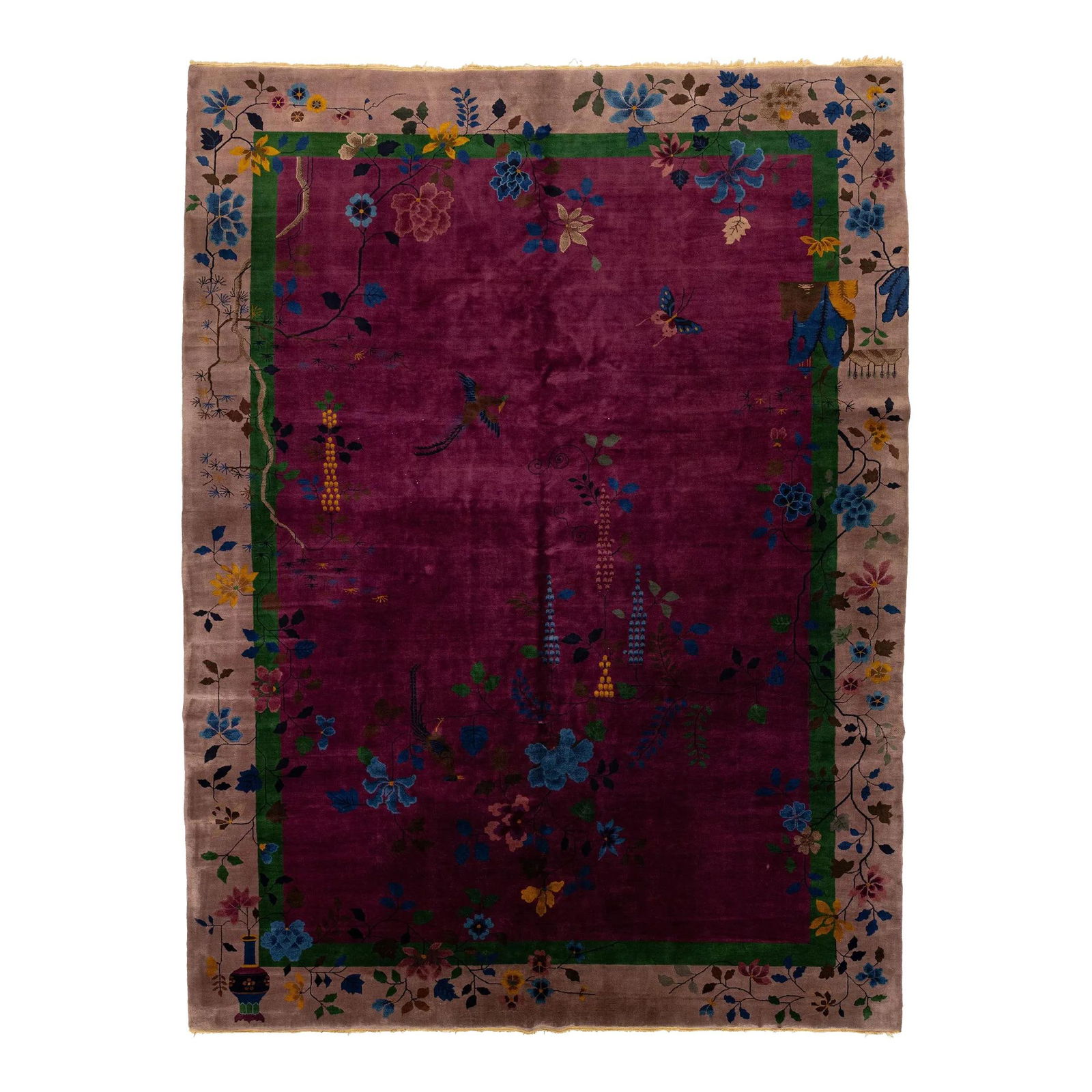 Handmade Antique Chinese Art Deco Purple Wool Rug 10'2 x 13'5 Floral Design: Handmade Antique Chinese Art Deco Purple Wool Rug 10'2 x 13'5 Floral Design This exquisite hand-knotted wool rug showcases a stunning Chinese Art Deco floral design. The vibrant multicolored hues are