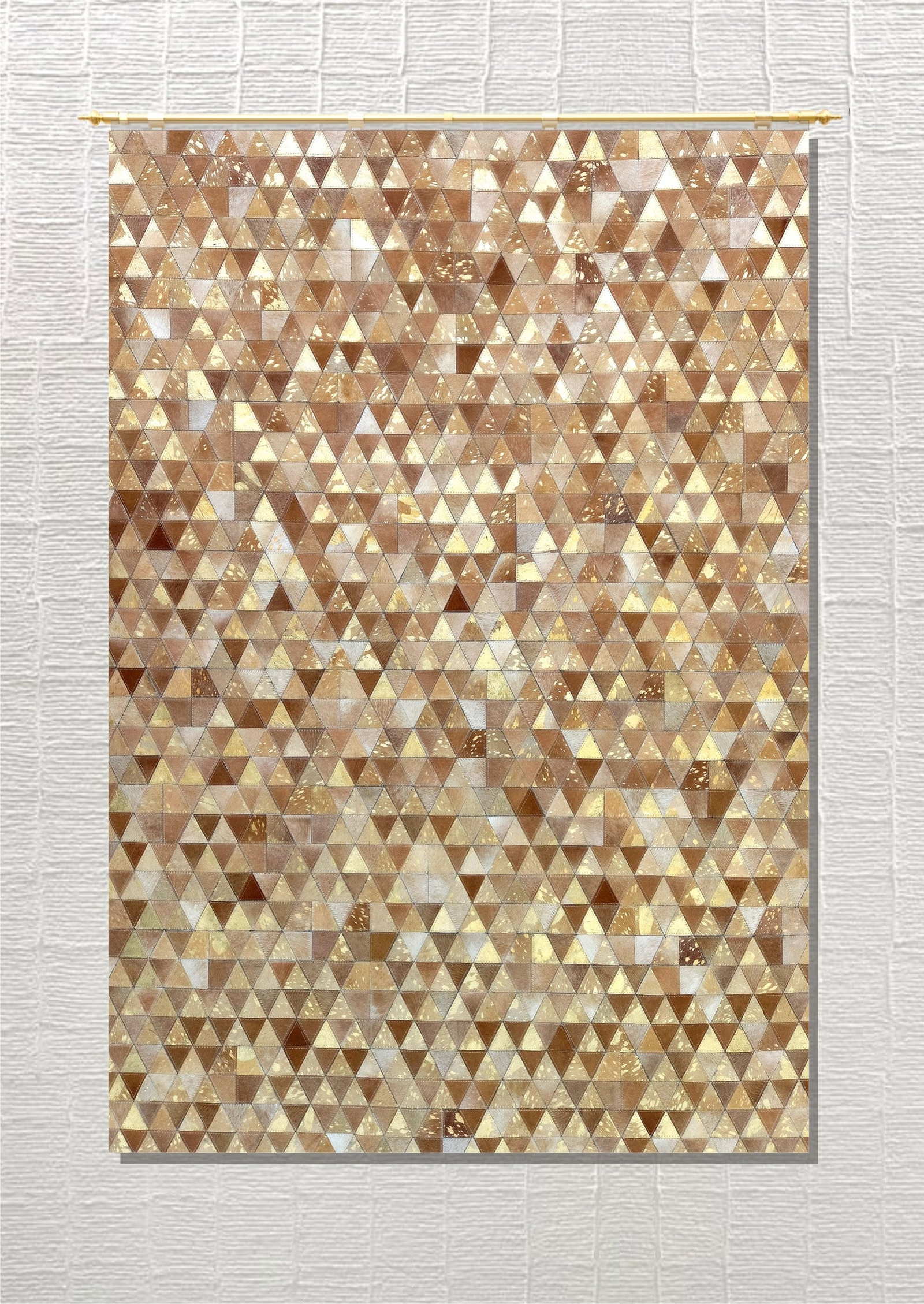 Handmade Champagne Honey Triangle Mosaic Cowhide Leather Area Rug 3FT x 5FT: Handmade Champagne Honey Triangle Mosaic Cowhide Leather Area Rug 3FT x 5FT Free continental US Shipping This handmade area rug features a striking triangle mosaic patchwork design crafted from 100% g