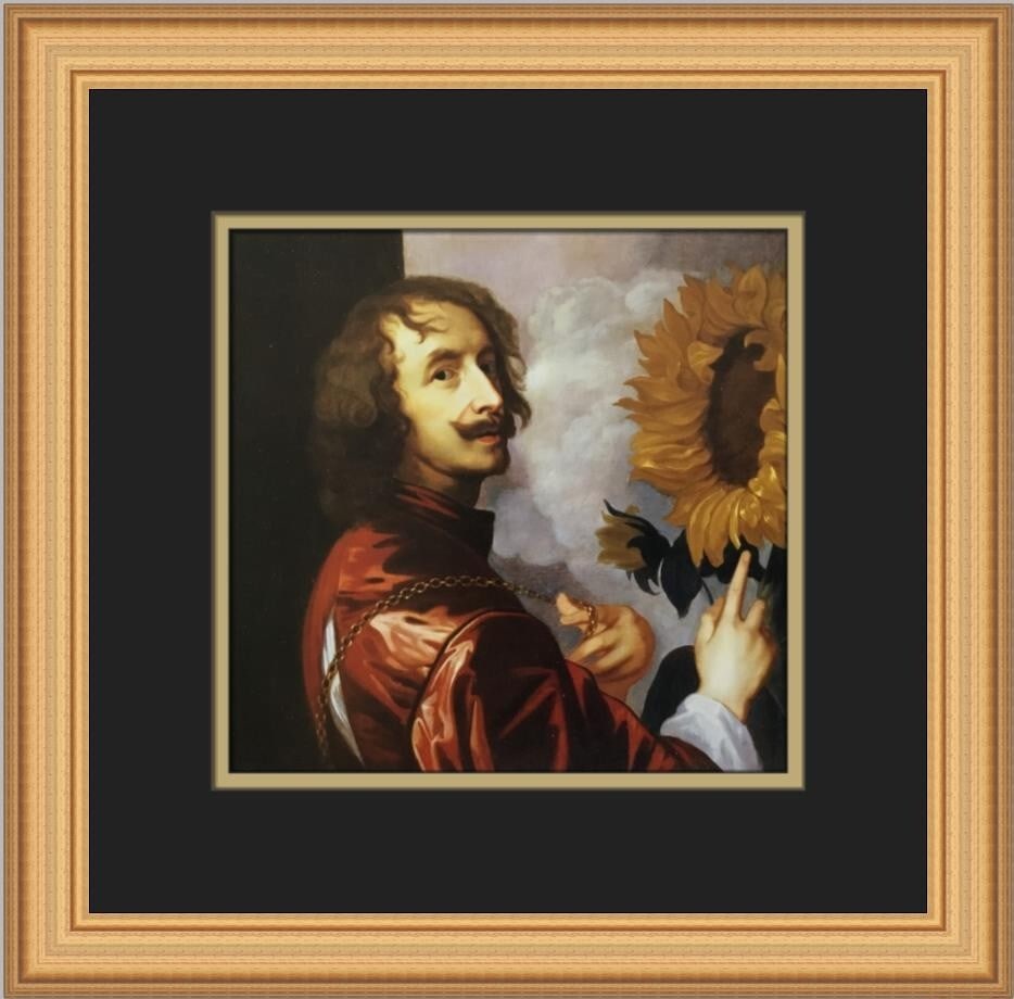 Sir Anthony Van Dyck Self-Portrait with Sunflower Custom Framed Art Print 14x14: Sir Anthony Van Dyck Self-Portrait with Sunflower Custom Framed Art Print 14x14 This exquisite custom framed print features Sir Anthony Van Dyck's iconic work, 'Self-Portrait with a Sunflower.' Measur