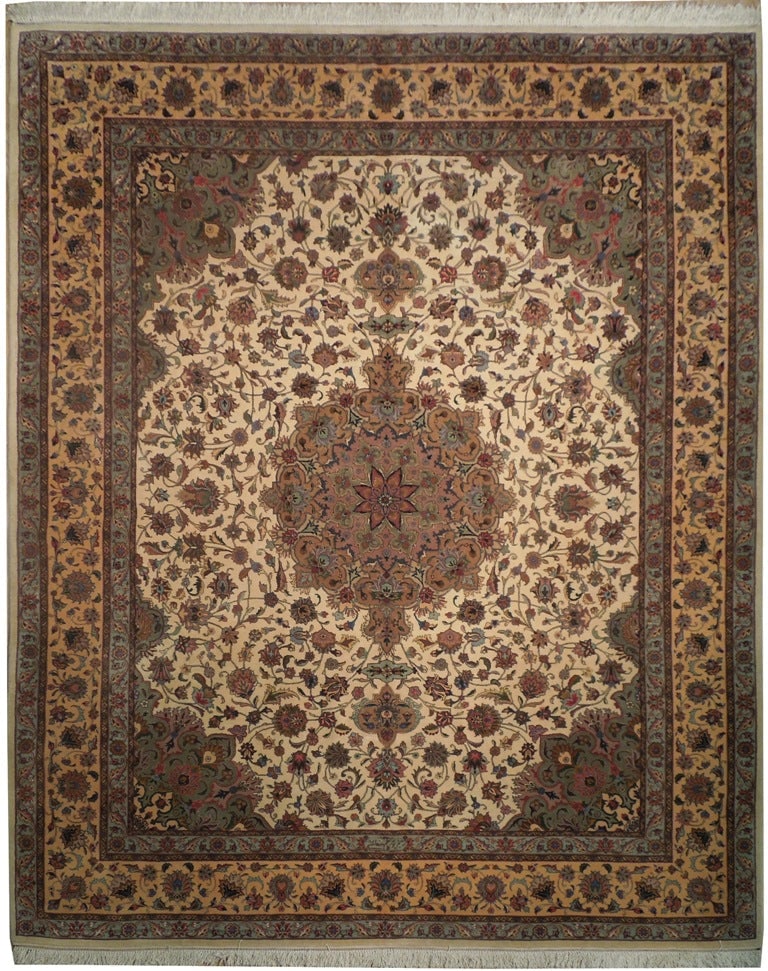 8 x 9.9 Persian Tabriz Rug Wool Silk 400 KPSI Hand-Knotted Iran: 8 x 9.9 Persian Tabriz Rug Wool Silk 400 KPSI Hand-Knotted Iran Free continental US Shipping This authentic Persian Tabriz rug measures 8 x 9.9 feet and is expertly hand-knotted in Iran from premium w