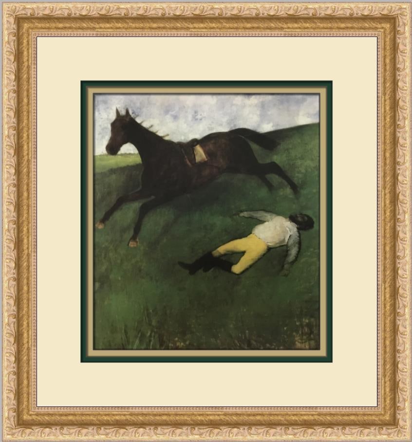 Edgar Degas Fallen Jockey Custom Framed Impressionist Print: Edgar Degas Fallen Jockey Custom Framed Impressionist Print This beautiful custom framed print depicts Edgar Degas's renowned work, "Fallen Jockey." The piece showcases a masterful Impressionist style