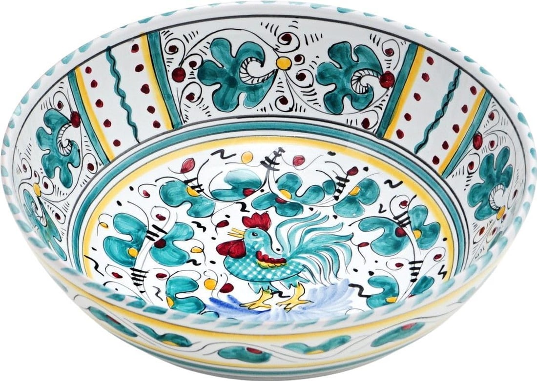 Deruta Orvieto Green Rooster Handcrafted Ceramic Bowl 10x10: Deruta Orvieto Green Rooster Handcrafted Ceramic Bowl 10x10 This exquisite Deruta handcrafted ceramic Galletto bowl is a stunning addition to your serving pieces collection. Designed in the traditiona