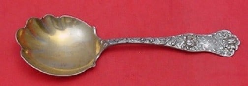 Shiebler American Beauty Sterling Silver Berry Spoon Gold Wash 8.5": Shiebler American Beauty Sterling Silver Berry Spoon Gold Wash 8.5" This exquisite serving spoon is a sterling silver berry spoon crafted by Shiebler in the elegant American Beauty pattern. Measuring