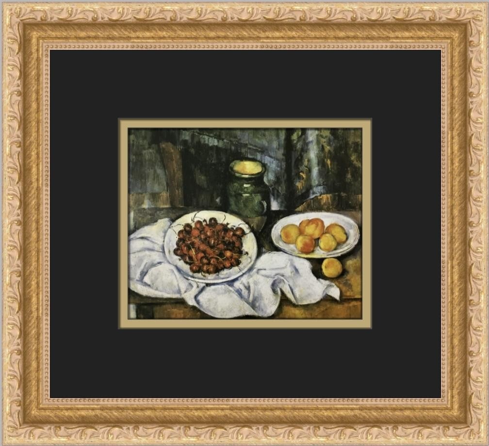 Paul Cezanne Cherries and Peaches Framed Print 12 x 11 Impressionism: Paul Cezanne Cherries and Peaches Framed Print 12 x 11 Impressionism This stunning custom framed print features Paul Cezanne's captivating artwork titled "Cherries and Peaches." Measuring 12 in x 11